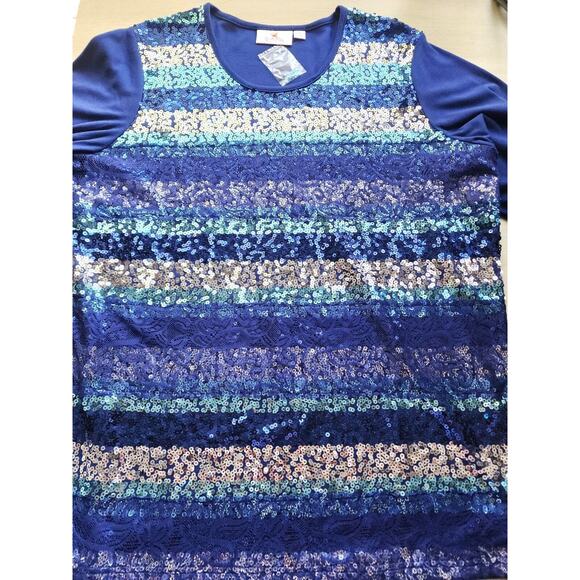 Top/Blouse-Quacker Factory-Blue Toned Sequin Front-Fabric Back-Scoop Neck-Size L - Picture 7 of 15